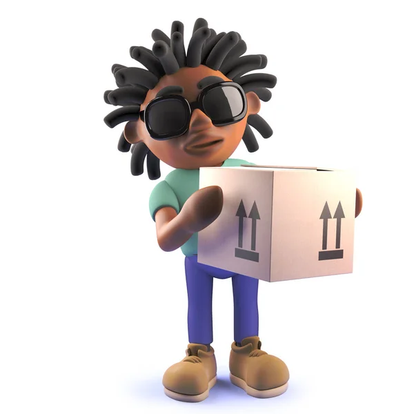 Cartoon czarny człowiek z dredy dostarczanie kartonowe pudełko, ilustracja 3D — Zdjęcie stockowe