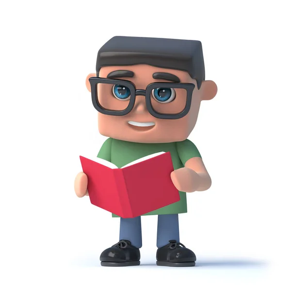 책을 읽는 안경을 쓰고 있는 3D 소년 — 스톡 사진