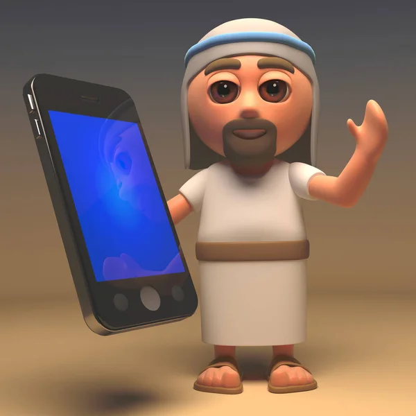 El salvador Jesucristo sostiene un dispositivo tableta smartphone, ilustración 3d — Foto de Stock