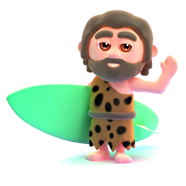 3D Caveman går surfing — Stockfoto