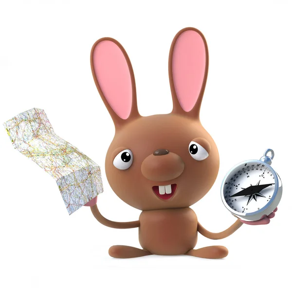 3d Cute cartoon Easter bunny rabbit with compass and map