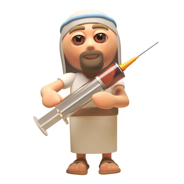 Personaje de dibujos animados Jesucristo 3d sosteniendo una jeringa de la medicina, ilustración 3d — Foto de Stock