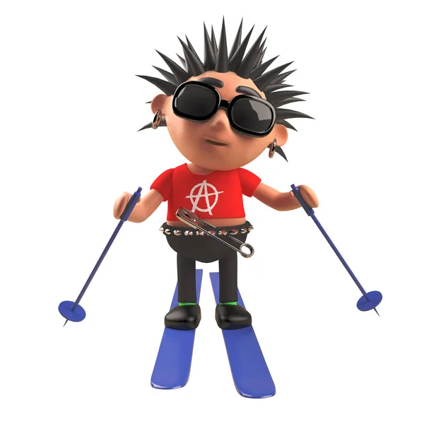 3D punk rock cartoon charakter narty na nartach, ilustracja 3D — Zdjęcie stockowe
