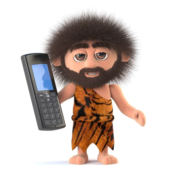 3d Funny cartoon primitive caveman character holding a mobile phone — Stock Photo, Image