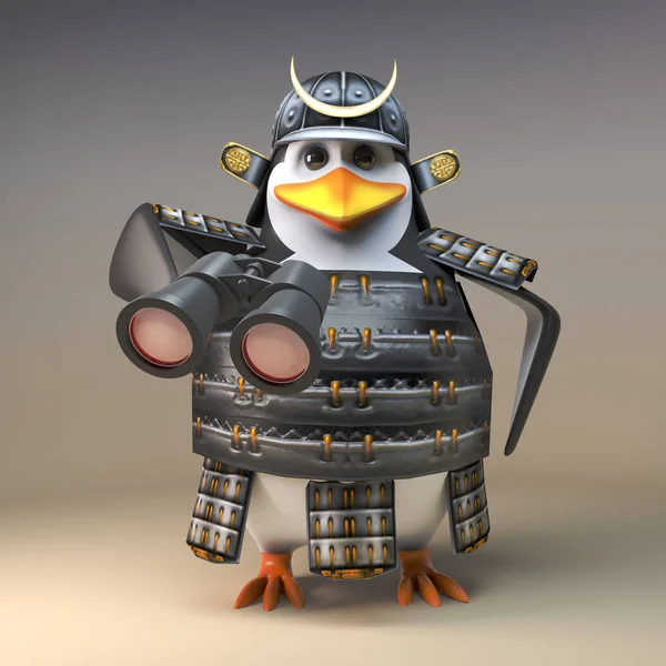 3d samurai pinguim guerreiro em armadura tradicional usando um par de binóculos, ilustração 3d — Fotografia de Stock