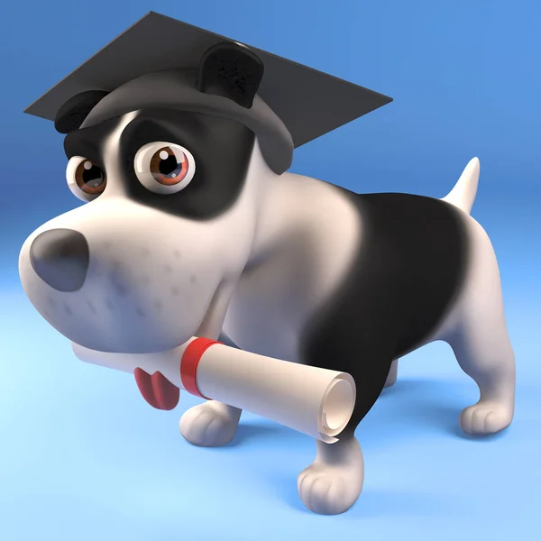 Cão de cachorro legal em placa de argamassa se formou com seu diploma rolagem, ilustração 3d — Fotografia de Stock