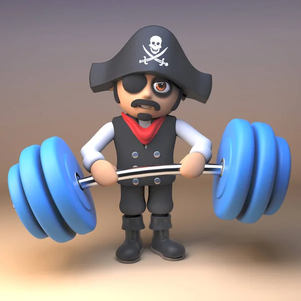 3d cartoon pirate captain character lifting some heavy weights, 3d illustration