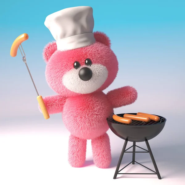 3D rosa nallebjörn i kockar hatt matlagning en Grill BBQ, 3D illustration — Stockfoto