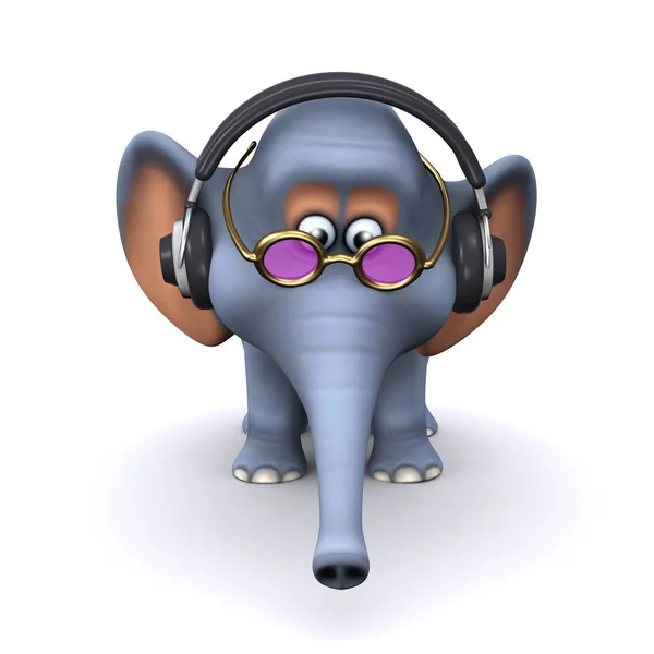 Prostorový slon poslouchá sluchátka. — Stock fotografie