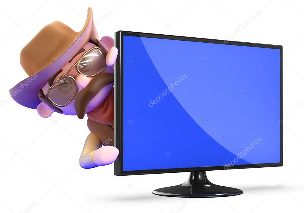 3d Cowboy sheriff behind a flatscreen television monitor