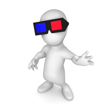 3d Little person wears 3d glasses to watch the movie clipart