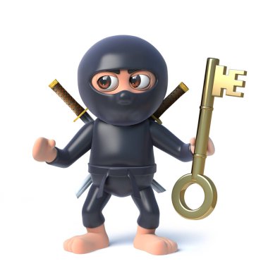 3d Komik karikatür ninja savaşçı suikastçı sembolik bir altın anahtar tutan