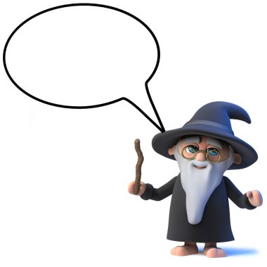 konuşma balonu ile 3D komik karikatür sihirbaz büyücü karakter