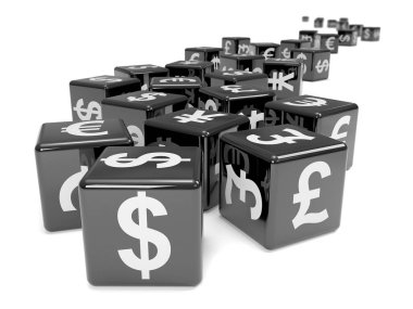 3d Siyah zar para birimleri ile işaretlenmiş