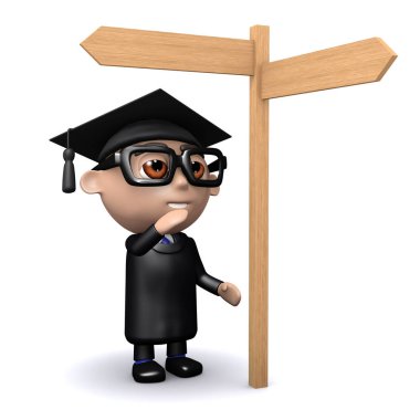 3d Graduate looks at the road sign clipart