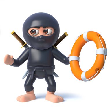 3d Komik karikatür ninja suikastçı savaşçı karakter tutan hayat halka yüzdürme yardım