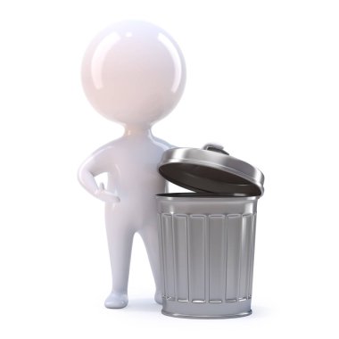3d Küçük adam çöp kutusu açar