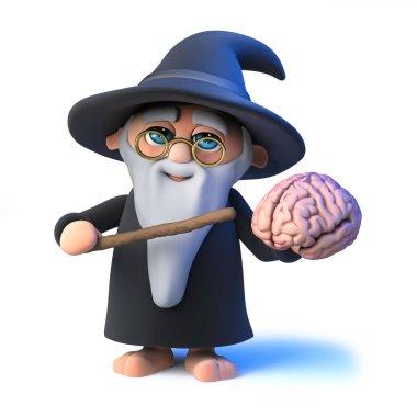 3d Komik karikatür sihirbaz sihirbaz onun sihirli değnek ile bir insan beynine puan