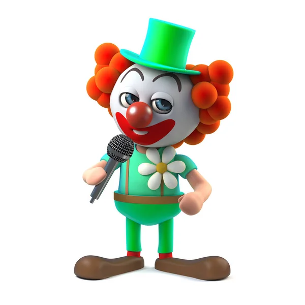 3d Funny cartoon clown character jokes into the microphone