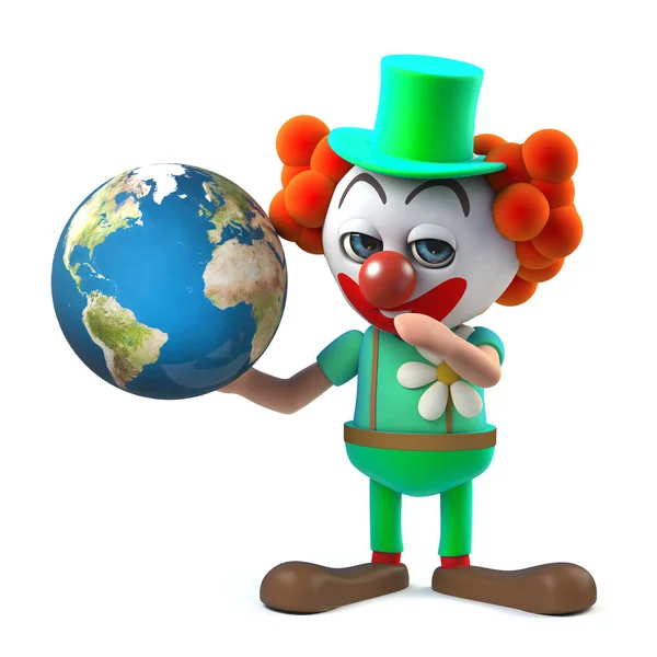 3d divertido de dibujos animados payaso loco personaje sostiene un globo de la tierra — Foto de Stock
