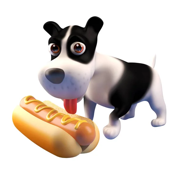 3d cachorro faminto olha para um lanche de comida de cachorro-quente gigante, ilustração 3d — Fotografia de Stock