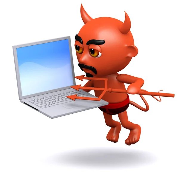 3D-Teufel hat einen Laptop-PC — Stockfoto