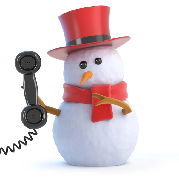 3Dポッシュ雪だるまは電話に答えます — ストック写真