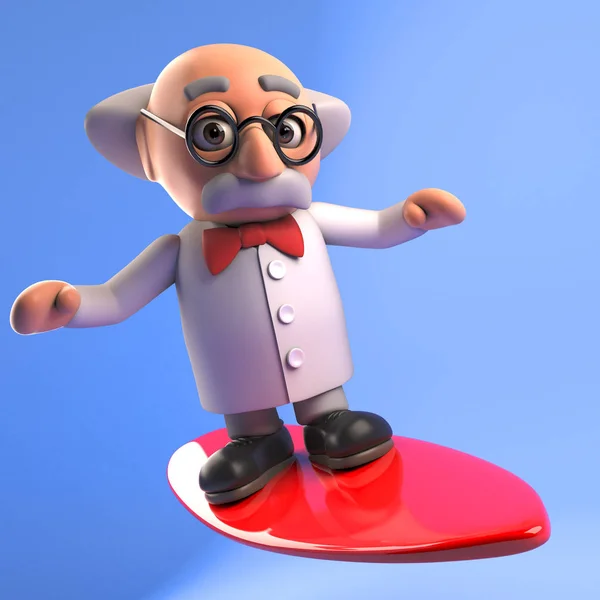 3d cartoon mad scientist professor character surfing on a surfboard, 3d illustration