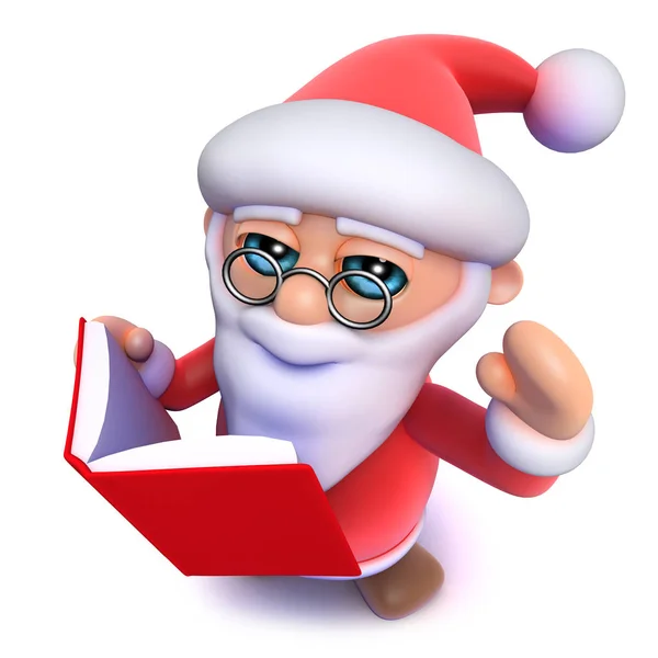 3D sranda Kreslené Vánoce Santa Claus čte knihu — Stock fotografie