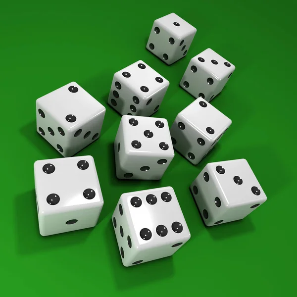 3d White dice on green beize — Stock Photo, Image