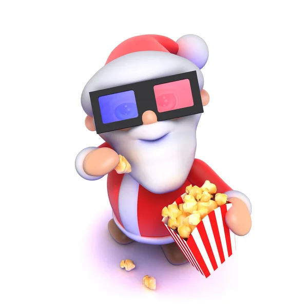 3D漫画サンタは3D映画でポップコーンを食べる — ストック写真