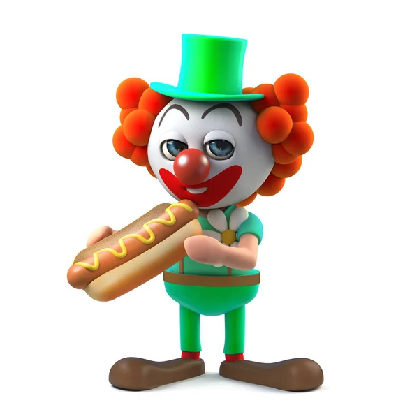 3D Funny Cartoon postać clown zjada Hotdog przekąskę — Zdjęcie stockowe