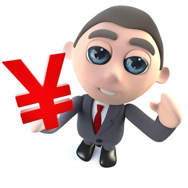 Funny cartoon 3d businessman character holding a Yen currency symbol — Stock Photo, Image