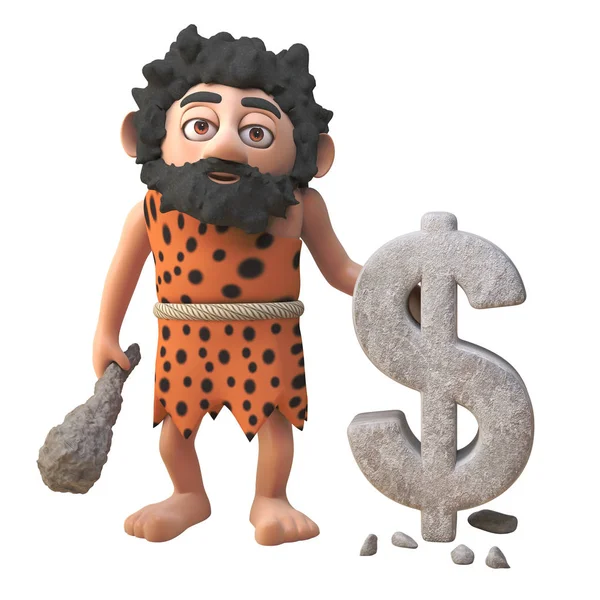 3d sakallı çizgi film caveman karakter taş, 3d illüstrasyon bir Amerikan doları para sembolü oyulmuş — Stok fotoğraf