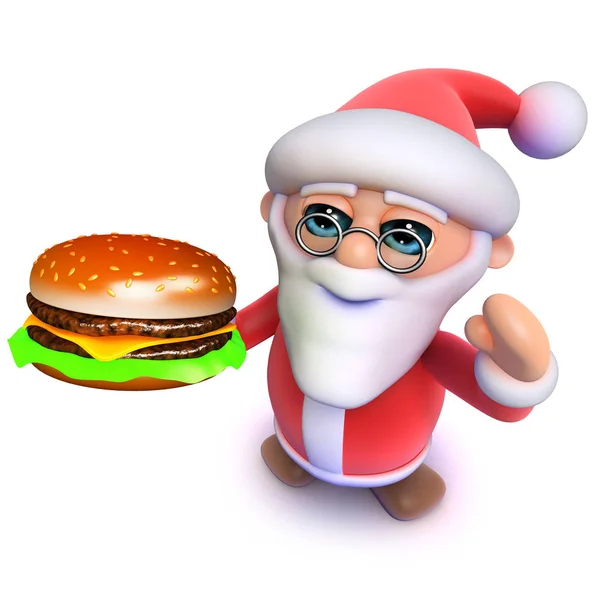 3d lustig cartoon weihnachten weihnachtsmann claus essen ein käse burger fast food snack mahlzeit. — Stockfoto