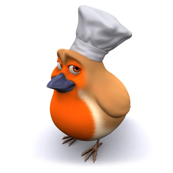 3d cartoon robin pássaro usa um chapéu de chefs para cozinhar — Fotografia de Stock