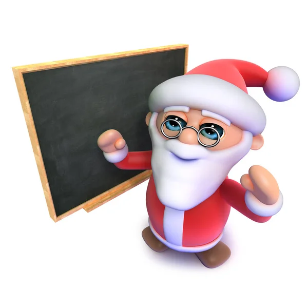 Prostorový zábavný kreslený vánoční Santa Claus stojící před tabuli — Stock fotografie
