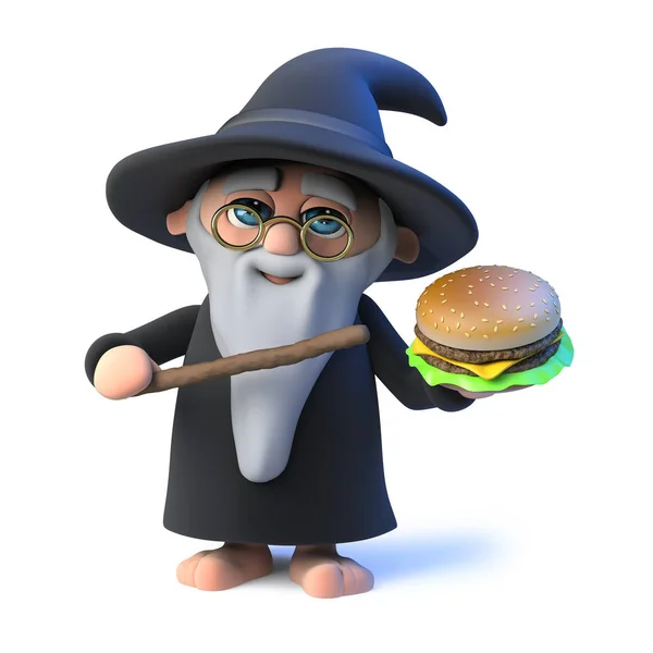 3d engraçado personagem mágico assistente de desenhos animados segurando um hambúrguer de carne — Fotografia de Stock