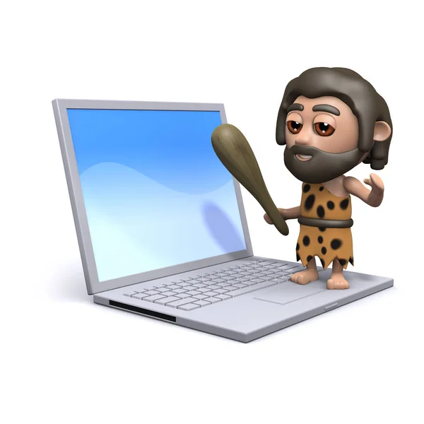 3D Caveman stoi na laptopie PC — Zdjęcie stockowe