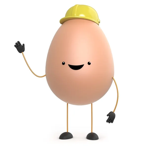 3d bonito brinquedo ovo vestindo um chapéu duro e acenando — Fotografia de Stock