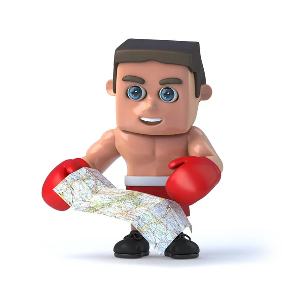 3D-Boxer sieht auf der Landkarte nach dem Weg — Stockfoto