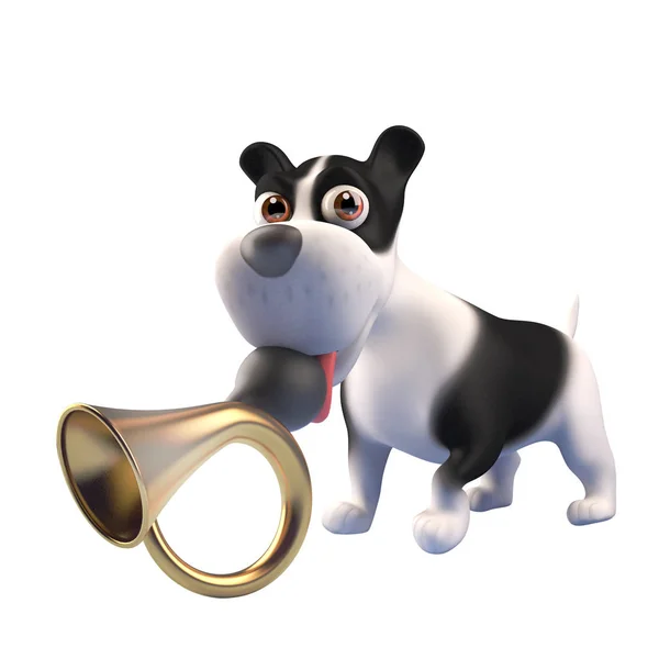 3D смішний щенячий собака з чорно-білими позначками тримає старий автомобільний ріг у роті, 3d ілюстрація — стокове фото