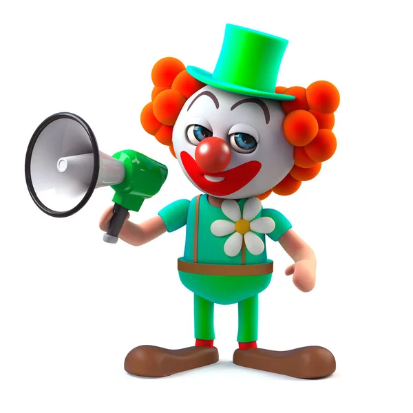 3d Crazy clown character shouts into a megaphone — Stock Photo, Image