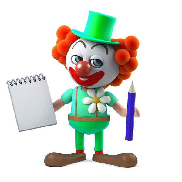 3d personnage drôle de clown fou de bande dessinée tenant un bloc-notes et un crayon — Photo