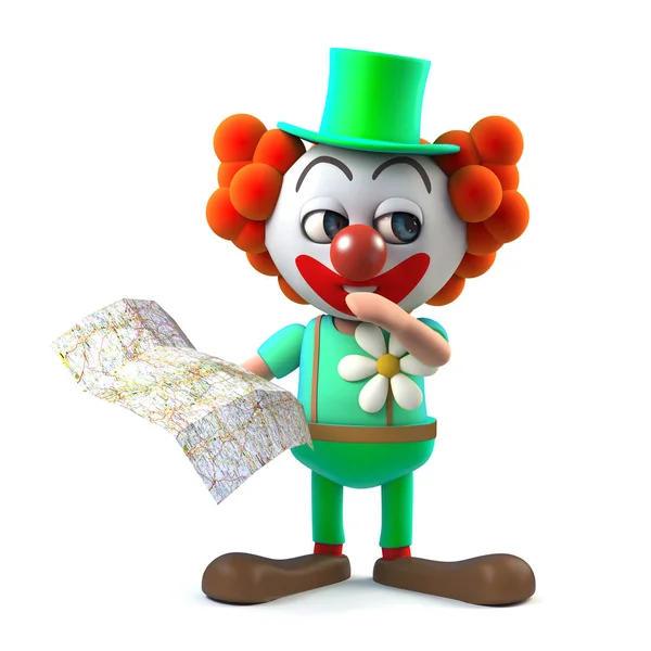 3D Funny Cartoon Crazy postać clown jest stracone patrząc na mapie — Zdjęcie stockowe