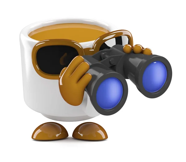 3d taza de café relojes a través de binoclars —  Fotos de Stock