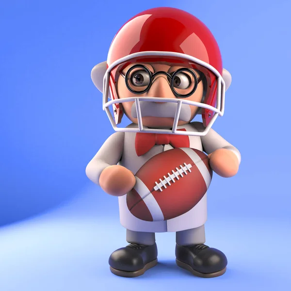 Mad scientist professor in 3d playing American football, 3d illustration