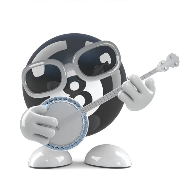 3d Cartoon eight ball character plays the ukulele — Stock Photo, Image