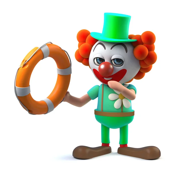 3d drôle personnage de clown de bande dessinée vient à la rescousse avec anneau de vie — Photo