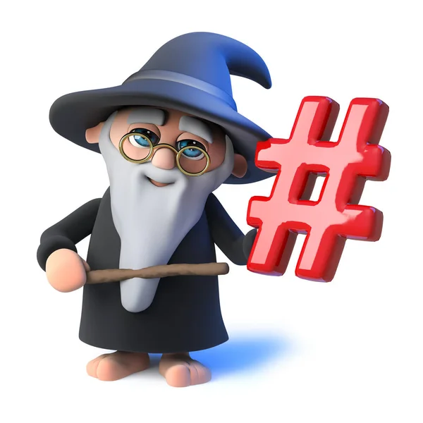 3d Divertido mago de dibujos animados que apunta una varita en un símbolo de hashtag — Foto de Stock